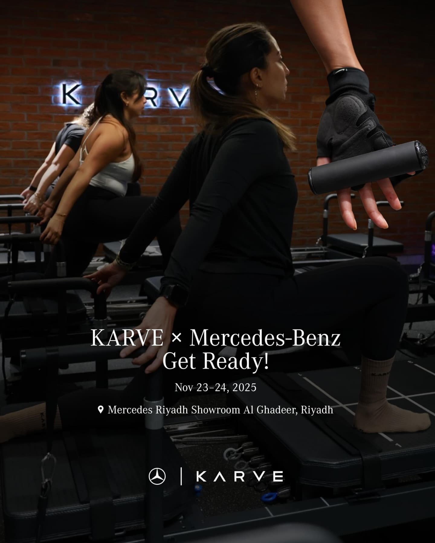 Three members on Transformers under the lit KARVE sign at the Mercedes-Benz showroom in Riyadh